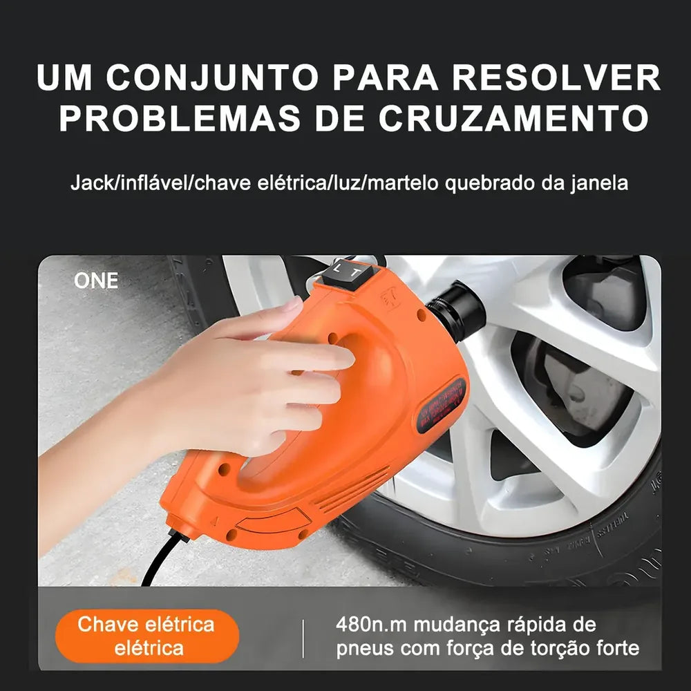 Kit Macaco Elétrico 4 em 1 — Compressor de Ar, Chave de Impacto 480 N.m, Lanterna LED e Macaco Hidráulico 5 Toneladas + Par de Luvas + Martelo de Segurança